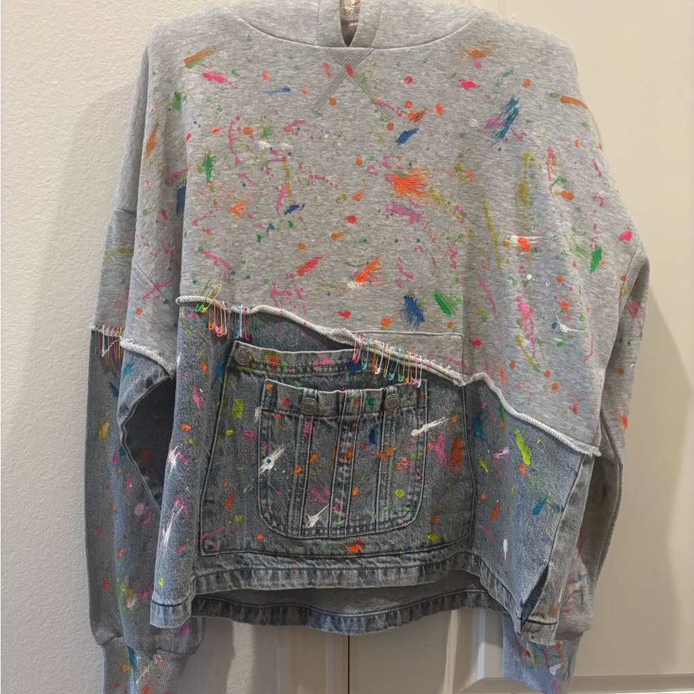 Custom Colorful Splatter safety pin Denim and Gray Sweatshirt